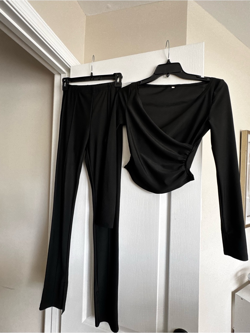Black Wrap-Style Top and Flare Pants Set
